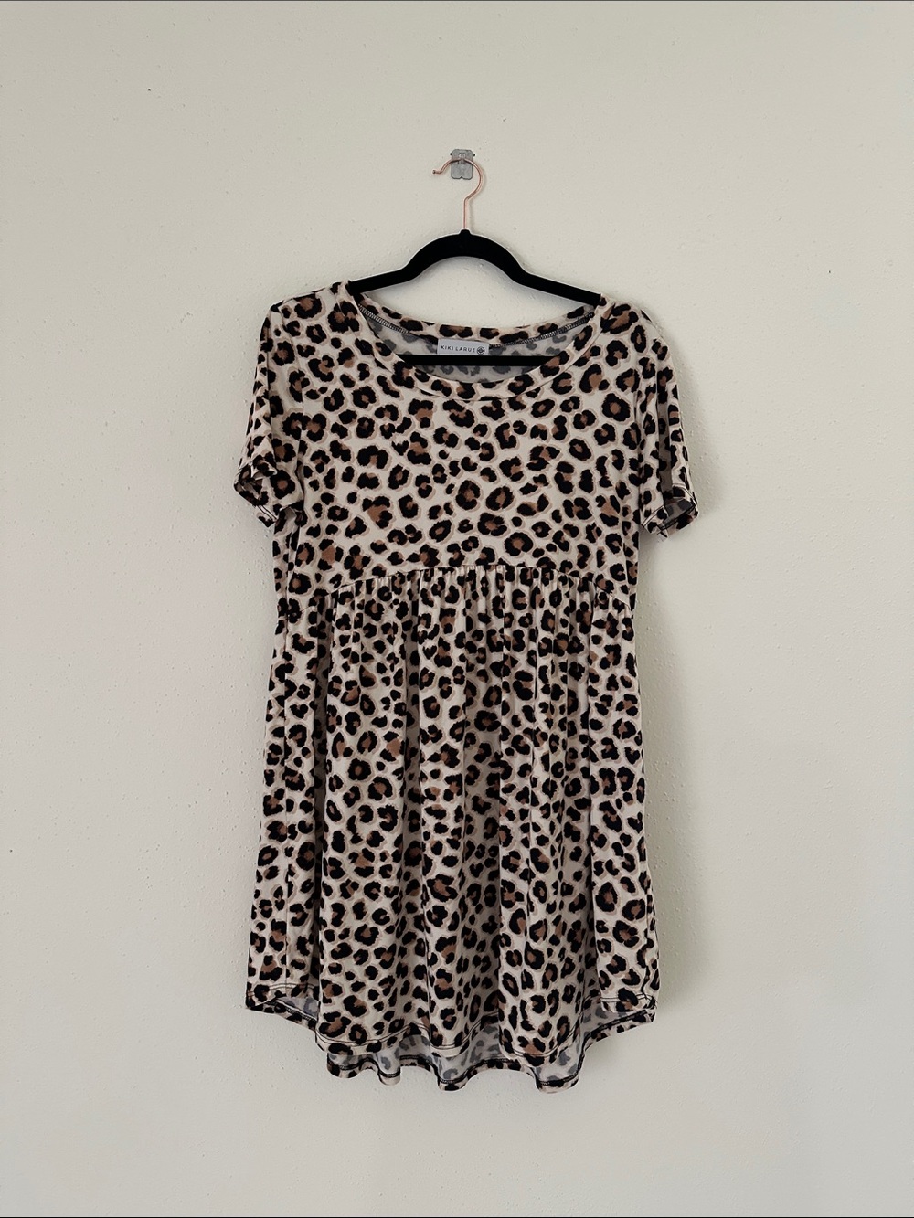 Kiki Larue Leopard Print Short Sleeve Babydoll Dress - Beige/Black